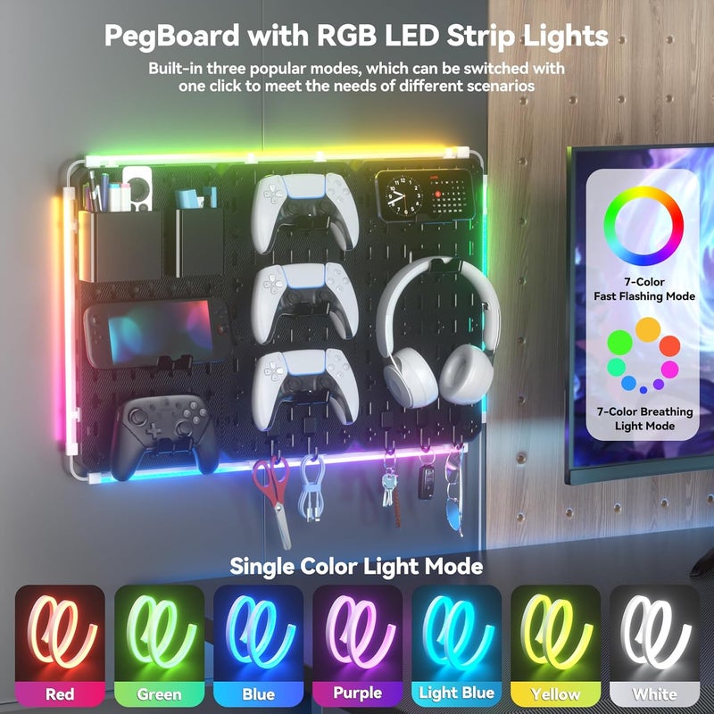 KDD Wall Organizer Peg Board - 7 in 1 Gaming Pegboard Accessories with RGB Led Strip Lights,Pegboard Combination Kit with Phone Stand/Pen Holder/Storage Box/Headset & Controller Holder/Hooks - Image 4